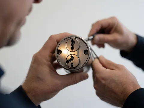 Un professionnel manipule une serrure à cylindre avec un outil, montrant des pinces et des ressorts métalliques en gros plan sur fond blanc.