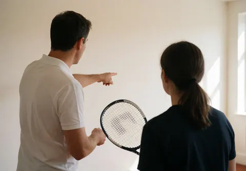 Un entraîneur de tennis enseigne à une étudiante en tenant des raquettes devant un mur blanc sous une lumière naturelle.