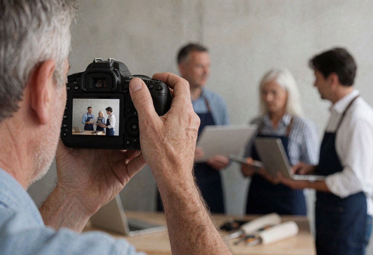 Un photographe professionnel ajuste les paramètres de son appareil photo numérique dans un studio aux murs en béton, ses mains manipulant les commandes.