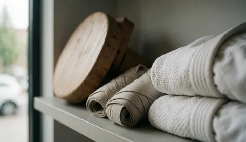 Fond d'arts martiaux avec makiwara en bois, bandages et chucks blancs, éclairé par la lumière naturelle.