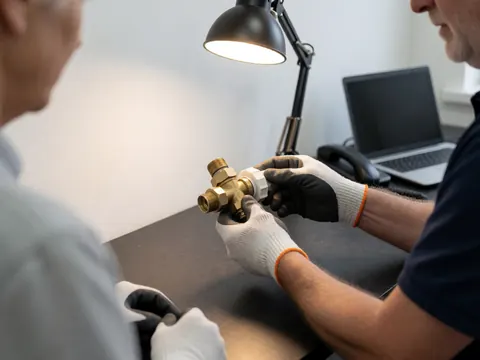 Un technicien en gants ajuste une vanne en laiton et plastique blanc sur table sombre, éclairée par une lampe de travail dans un atelier.