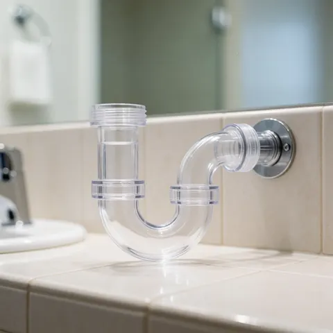 Siphon en pvc transparent rempli d'eau, posé sur un plan de travail de salle de bain avec miroir et robinet, pour un réparateur de tuyauterie.