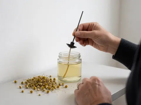 Une main insérant une mèche dans un récipient de cire avec des fleurs de camomille séchées sur une table blanche lors d'un atelier artisanal.