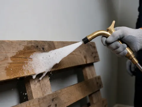 Une main portant un gant nettoie une palette en bois à l'aide d'un vaporisateur dans un entrepôt aux murs gris.