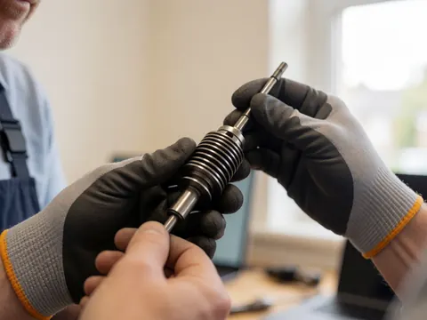 Mains de serrurier avec des gants ajustant un noyau de serrure métallique dans un atelier bien éclairé par la lumière naturelle.