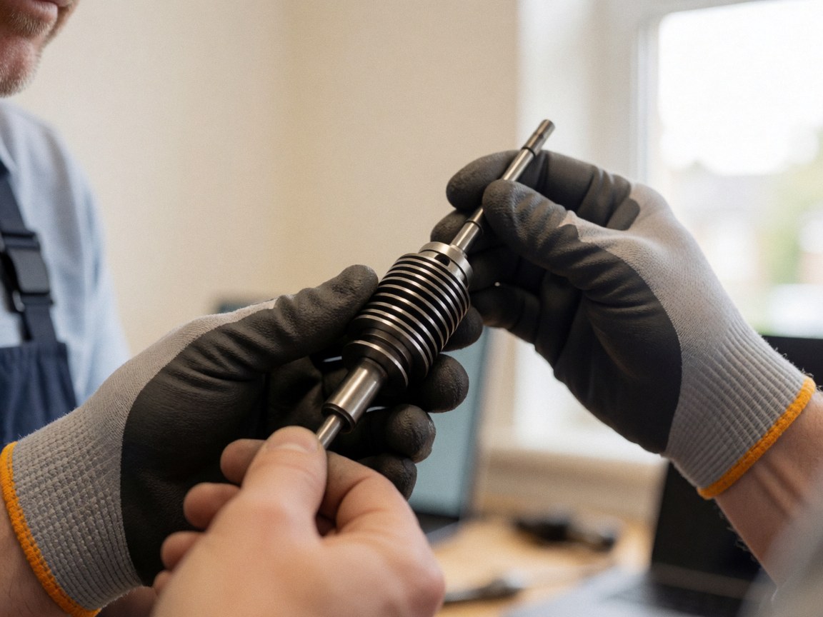 Mains de serrurier avec des gants ajustant un noyau de serrure métallique dans un atelier bien éclairé par la lumière naturelle.