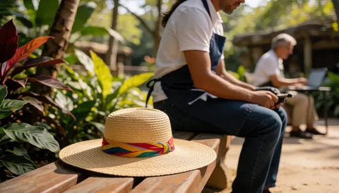 Chapeau de paille orné d'un ruban coloré posé sur un banc en bois dans un jardin tropical, idéal pour illustrer un site web de zoo.