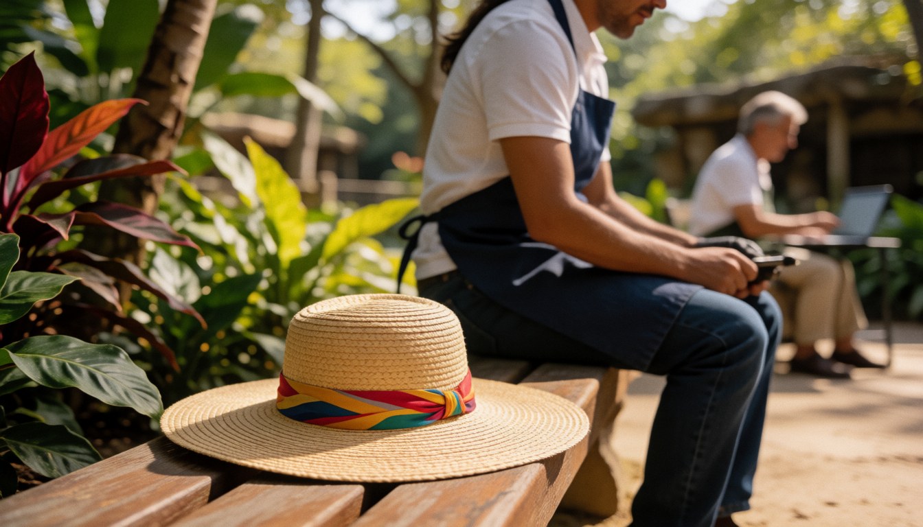 Chapeau de paille orné d'un ruban coloré posé sur un banc en bois dans un jardin tropical, idéal pour illustrer un site web de zoo.