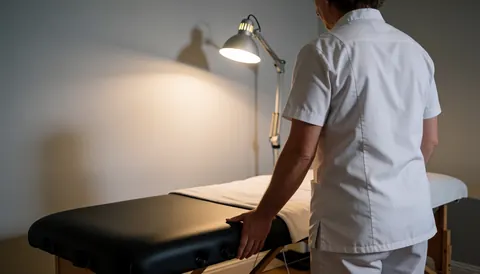 Un thérapeute ajuste la table de massage dans une salle moderne avec une lumière pratique.