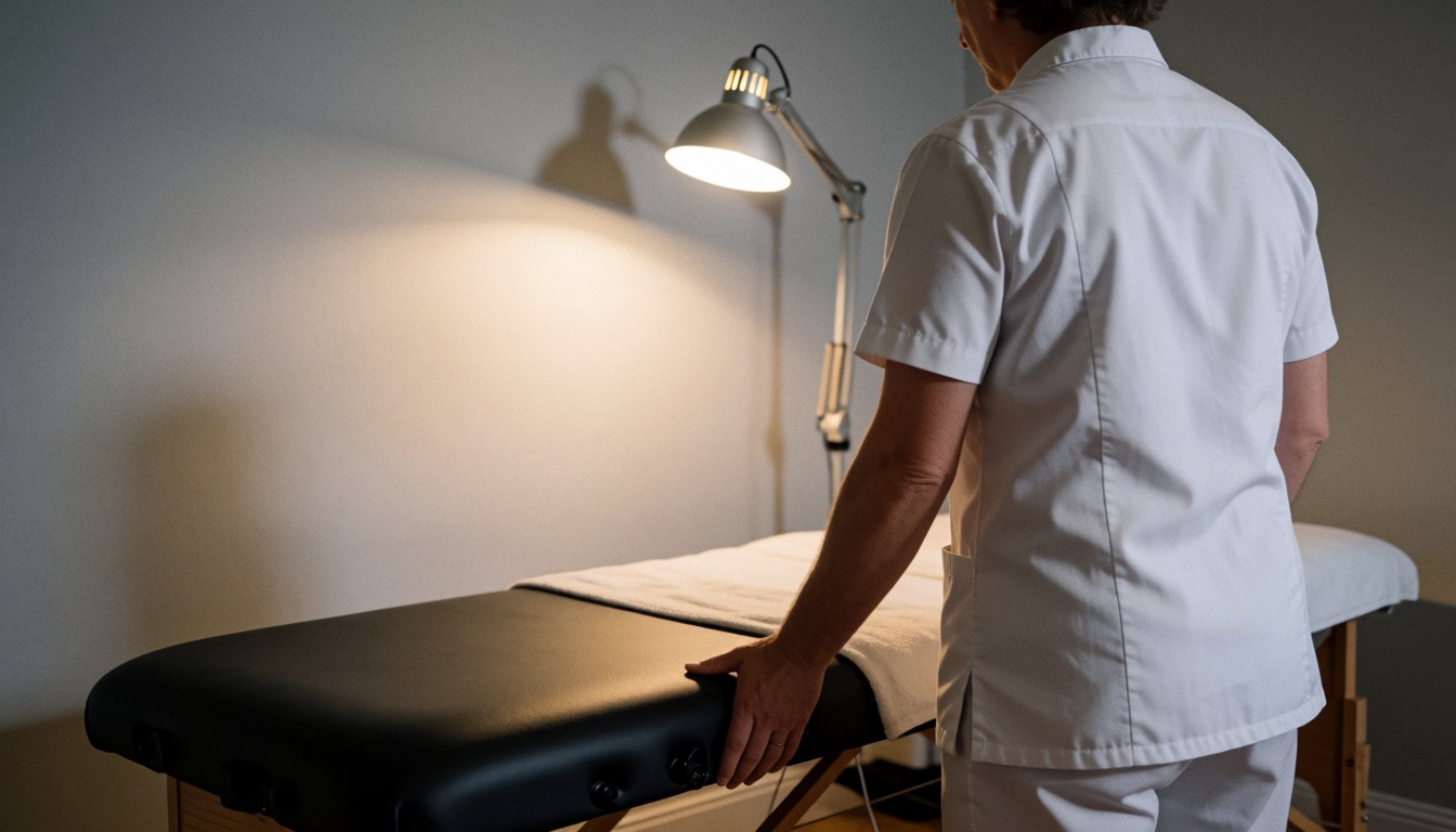 Un thérapeute ajuste la table de massage dans une salle moderne avec une lumière pratique.