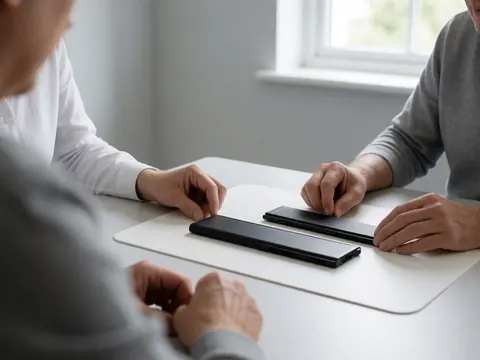 Des mains tenant une batterie d'ordinateur portable neuve à côté d'une ancienne sur une table blanche dans un atelier de réparation.