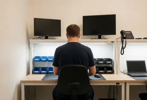 Technicien en réparation d'imprimantes assis à son bureau équipé de deux moniteurs, d'une boîte à outils et d'un ordinateur portable.