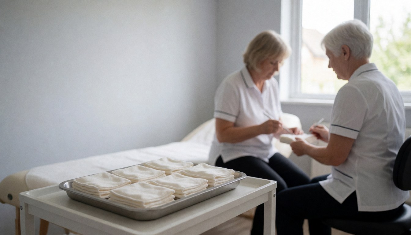 Une professionnelle prépare des compresses stériles sur un plateau métallique dans un salon de traitements, avec une table de massage et une lumière naturelle.