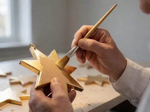 Une main applique de la peinture dorée sur une étoile en bois posée sur une table de travail, éclairée par une lumière chaude.