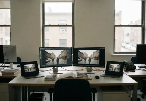 Studio d'édition avec deux écrans, ordinateurs portables et livres ouverts montrant des clichés urbains, idéal pour un photographe documentaire.