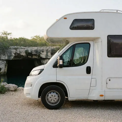 Une camionnette blanche est stationnée sur un sol graveleux à proximité d'un cenote entouré de formations rocheuses, baignée par la lumière dorée du coucher de soleil.