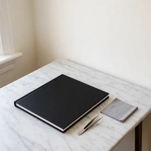 Album de mariage noir avec pince et chiffon en microfibre posés sur une table en marbre blanc pour photographe de mariage.