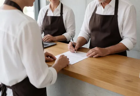 Une cliente signe un contrat à une table en bois dans un atelier de céramique équipé d'outils et d'un ordinateur portable.