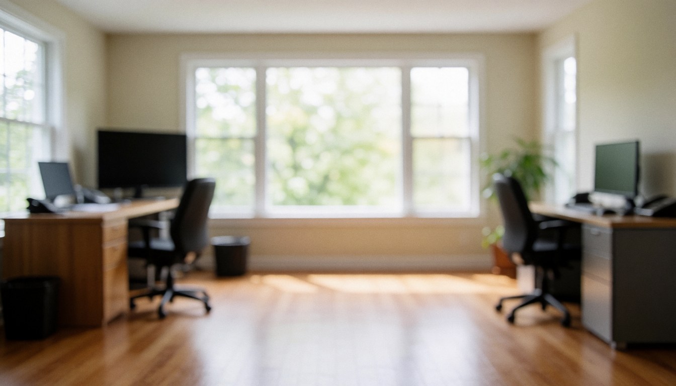 Bureau moderne avec des sols en bois, de grandes fenêtres et des bureaux vides, idéal pour les services professionnels.