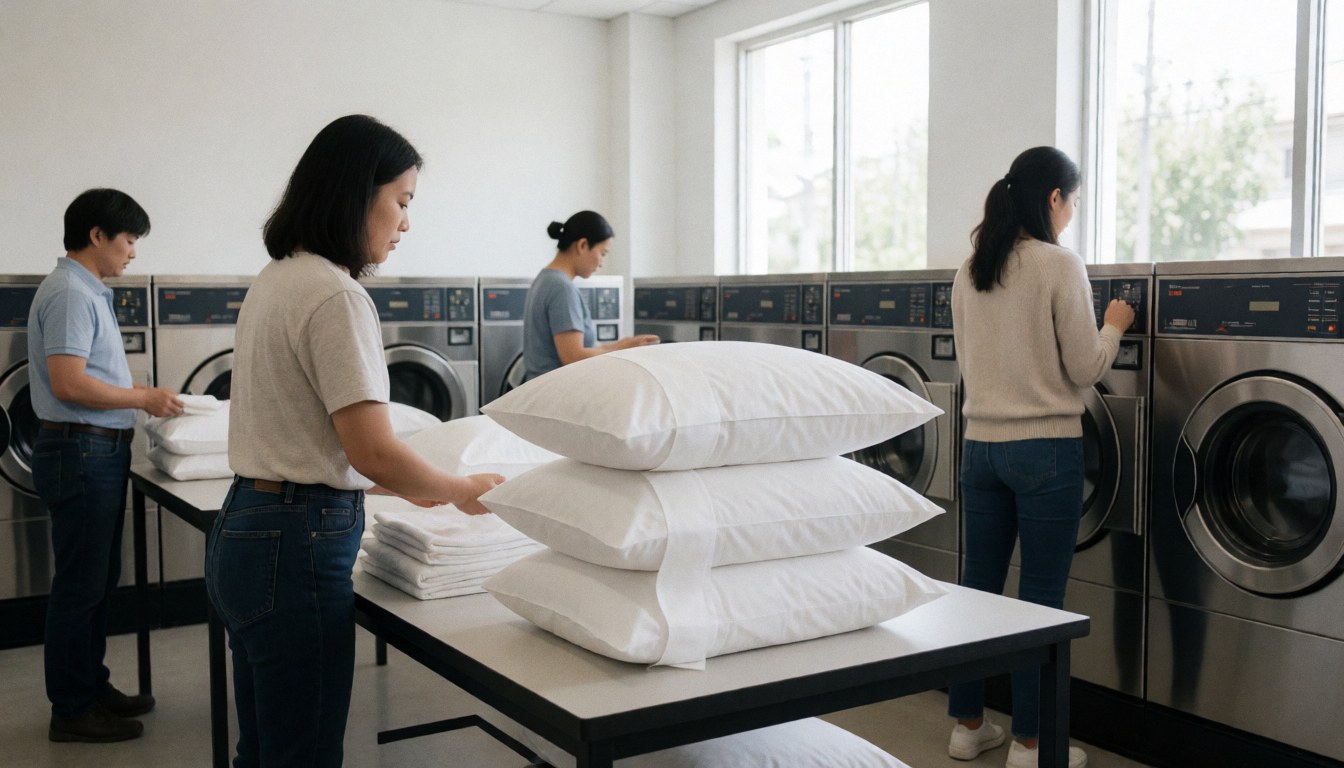 Des employés plient des oreillers blancs sur une table tandis que d'autres utilisent des laveuses industrielles dans un intérieur lumineux.
