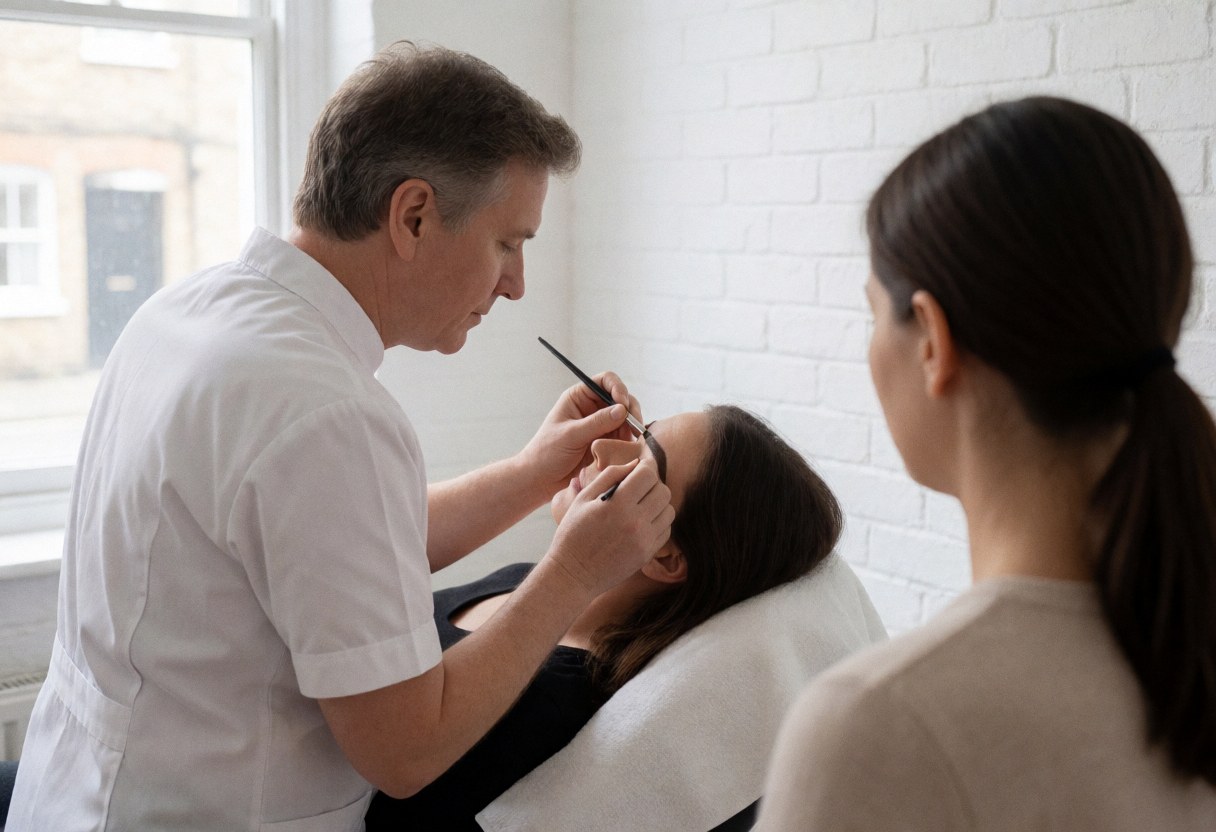 Un technicien applique du microblading à une cliente allongée sur une table de soin, dans un espace lumineux avec un mur en briques blanches.