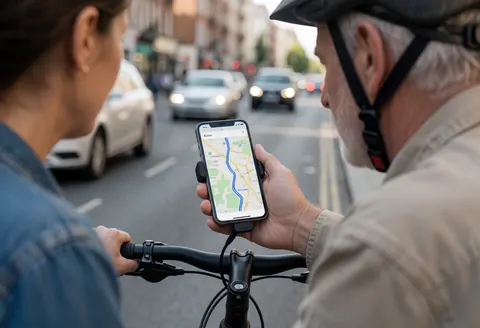 Un cycliste regarde un itinéraire sur son smartphone, illustrant la logistique de livraison du dernier kilomètre dans un contexte urbain avec du trafic visible.