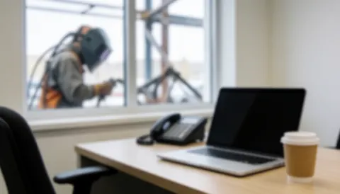 Un bureau d'office équipé d'un ordinateur portable, d'une tasse de café et d'un téléphone. Un soudeur portant un casque est visible devant une fenêtre donnant sur des structures métalliques industrielles.