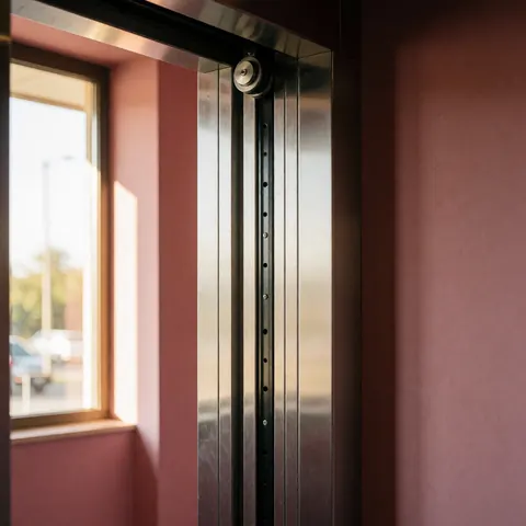 Détail du mécanisme de porte d'ascenseur avec guides métalliques et rouleaux, murs peints en rose et lumière naturelle entrant par une fenêtre.