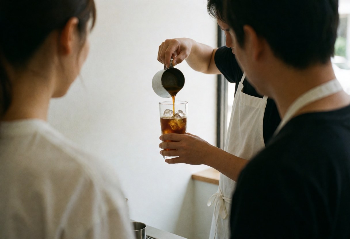 Un barista en chemise noire et tablier blanc verse du café sombre sur des glaçons dans un verre transparent sous lumière naturelle.