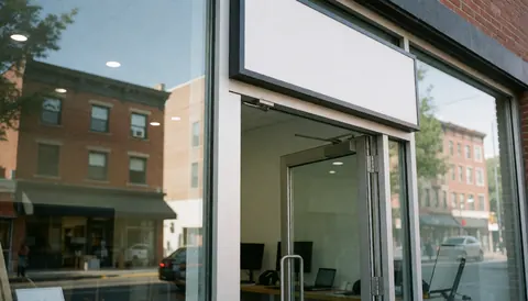 Façade moderne d'un commerce avec une grande porte en verre laissant voir l'intérieur équipé d'ordinateurs, offrant un espace vide pour ajouter du texte promotionnel.