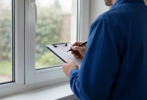 Un technicien en uniforme bleu examine une fenêtre blanche en PVC à l'aide d'un carnet et d'un stylo, dans un jardin flou.