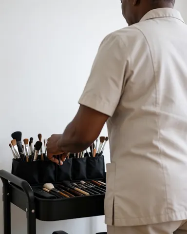 Un maquilleur professionnel range ses pinceaux dans un chariot noir devant un mur blanc, vêtu d'un uniforme propre, préparant son matériel pour une prestation.