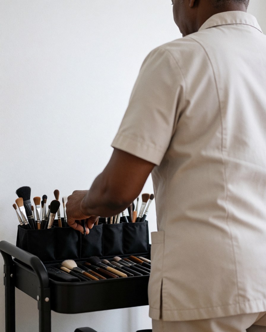 Un maquilleur professionnel range ses pinceaux dans un chariot noir devant un mur blanc, vêtu d'un uniforme propre, préparant son matériel pour une prestation.