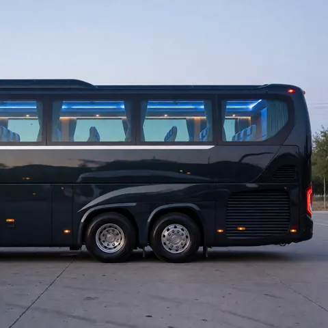 Un bus de transport public noir est stationné sur une surface pavée, doté de rideaux et d'un éclairage intérieur bleu distinctif.