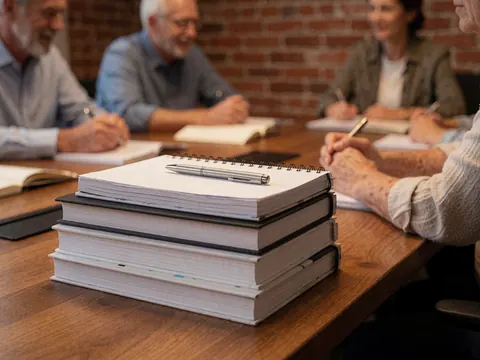 Cahiers et stylos posés sur une table en bois lors d'une réunion d'équipe, avec un mur en briques en arrière-plan et des personnes prenant des notes.