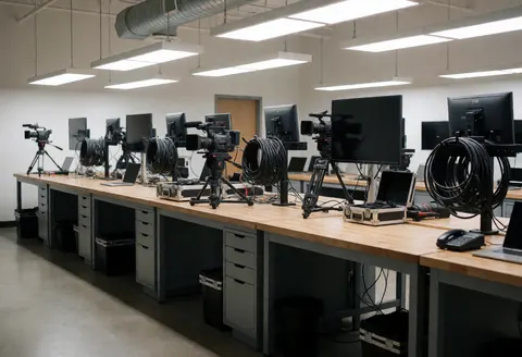 Salle de travail équipée de caméras vidéo sur trépied, moniteurs et câbles enroulés, idéale pour un vidéographe professionnel.