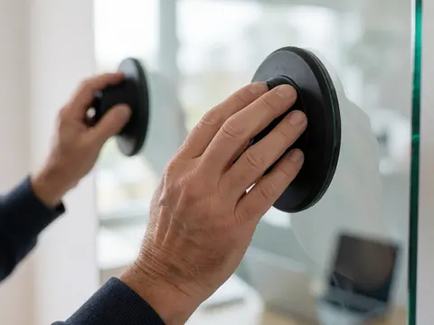 Gros plan sur des mains utilisant des ventouses pour manipuler des panneaux de verre lors d'une intervention en intérieur, éclairage naturel.
