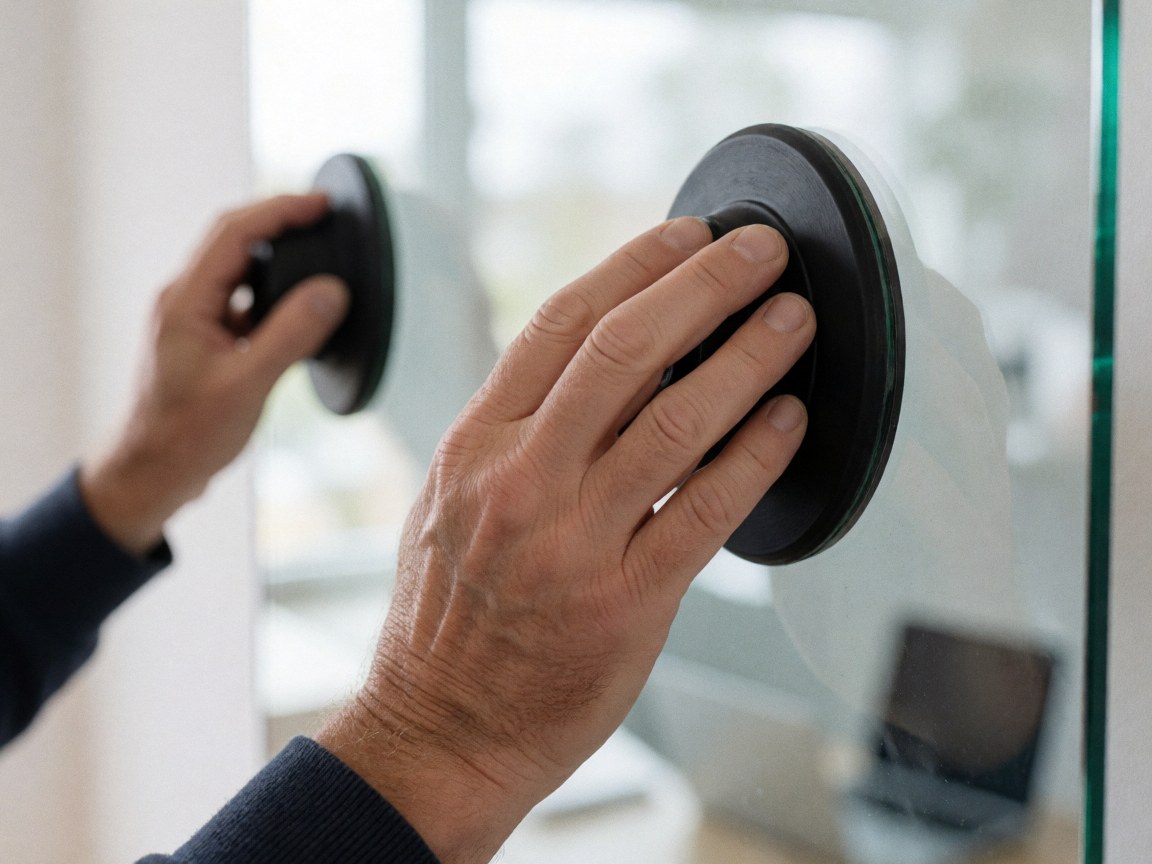 Gros plan sur des mains utilisant des ventouses pour manipuler des panneaux de verre lors d'une intervention en intérieur, éclairage naturel.