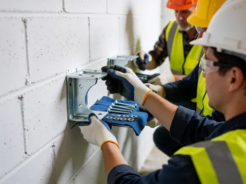 Des ouvriers en casques et gilets jaunes fixent des supports métalliques sur un mur de parpaings, équipés d'outils et de gants de protection.