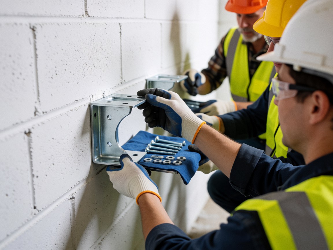Des ouvriers en casques et gilets jaunes fixent des supports métalliques sur un mur de parpaings, équipés d'outils et de gants de protection.