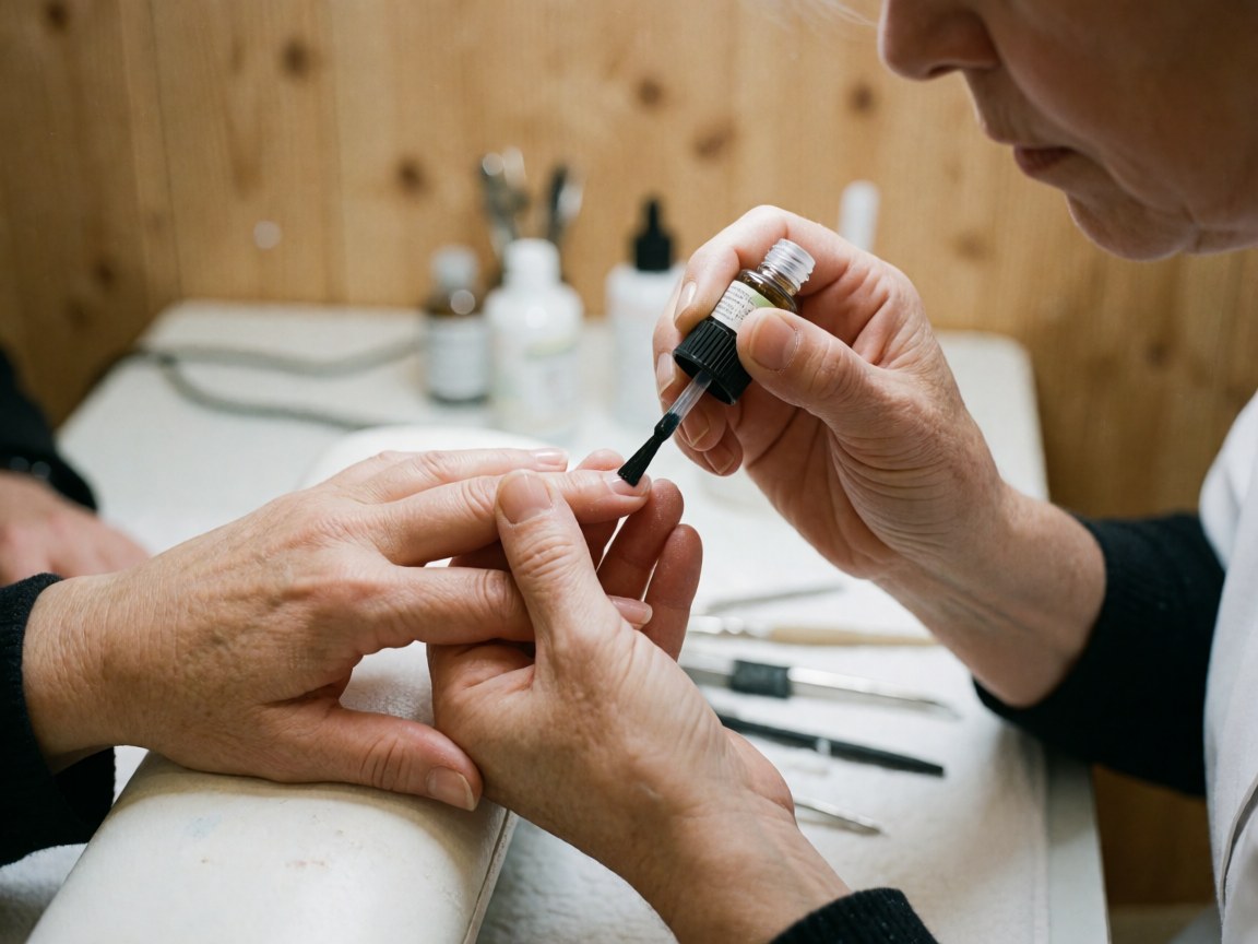 Une manucuriste applique du vernis à ongles sur un client, avec des outils disposés sur la table de travail dans un salon de beauté.