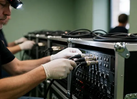 Des mains portant des gants branchent un câble XLR sur un équipement audio professionnel dans un centre de spectacles avec du matériel en étuis.