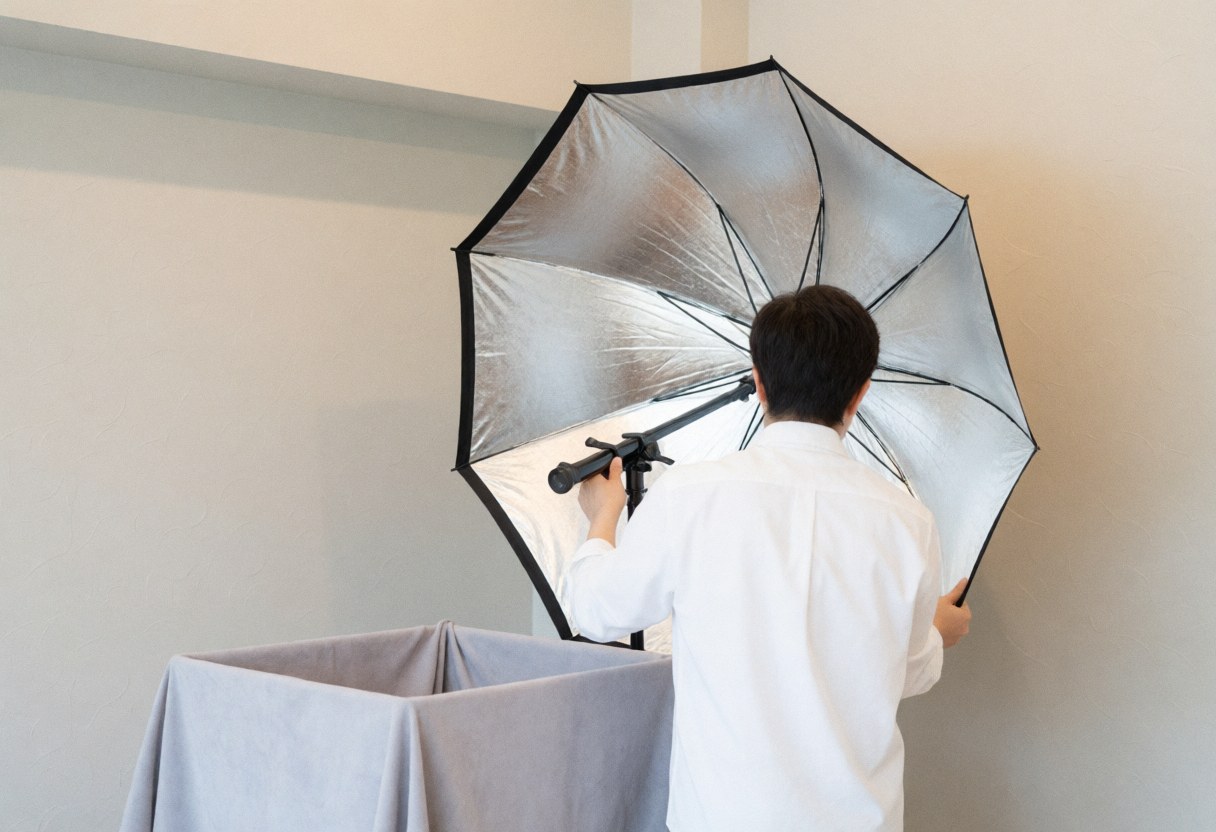 Un photographe ajuste un réflecteur en forme de parapluie près d'une boîte bébé avec tissu gris dans un studio aux murs neutres et à l'éclairage doux.
