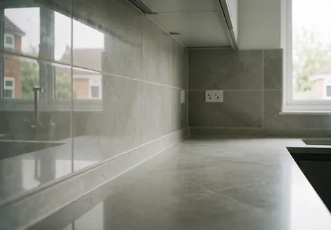 Cuisine contemporaine avec mur de carreaux brillants et plan de travail en céramique, éclairée par la lumière naturelle entrant par une fenêtre.