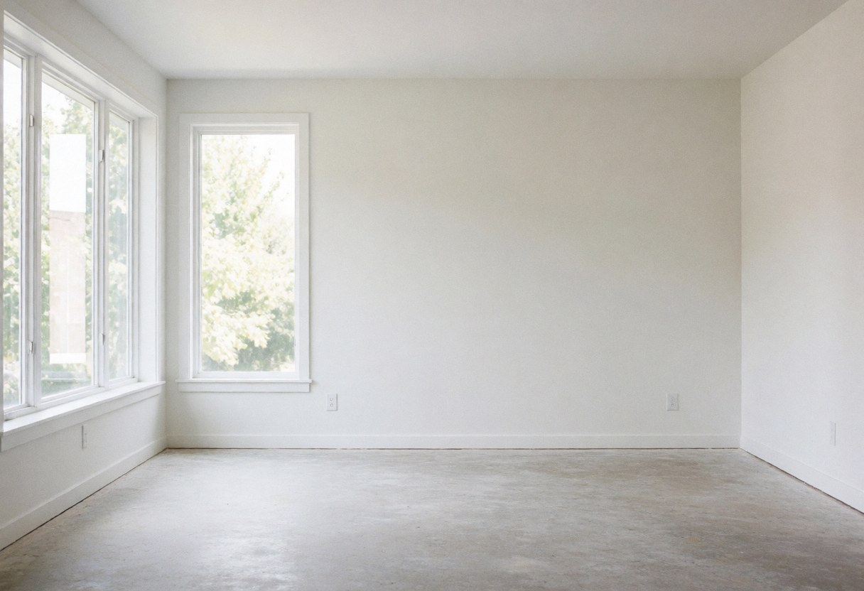 Espace intérieur vide aux murs blancs et au sol en béton, éclairé par la lumière naturelle entrant par de grandes fenêtres, idéal pour l'installation de revêtements.