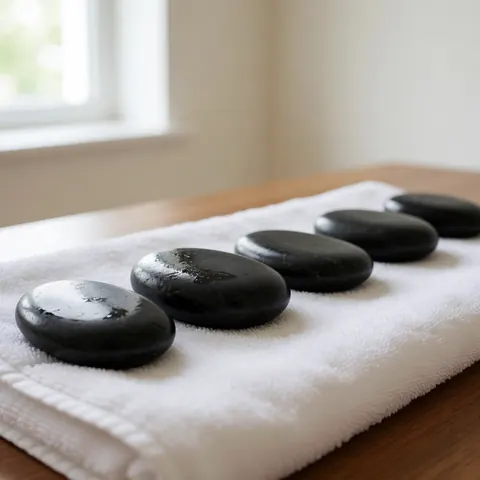 Des pierres noires en basalte disposées sur une serviette blanche posée sur une table en bois, évoquant la détente et le bien-être.