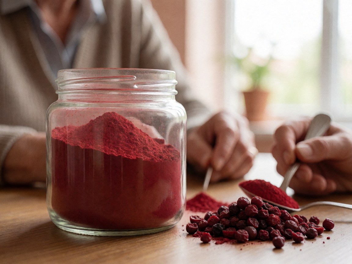 Détails de superaliments : bocal en verre contenant une poudre rouge, baies séchées et cuillère posés sur une surface en bois clair.