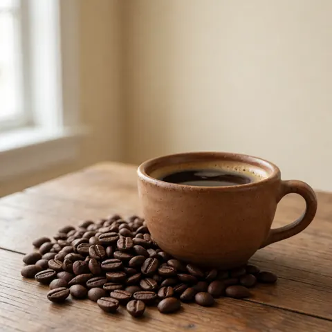 Tasse en céramique remplie de café sombre posée sur des grains de café, le tout sur une table en bois rustique éclairé par une lumière naturelle douce.
