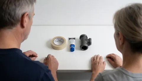 Deux personnes inspectent un tuyau en acier noir, du ruban PTFE et un tube de graisse sur une table blanche propre lors d'une installation de gaz.