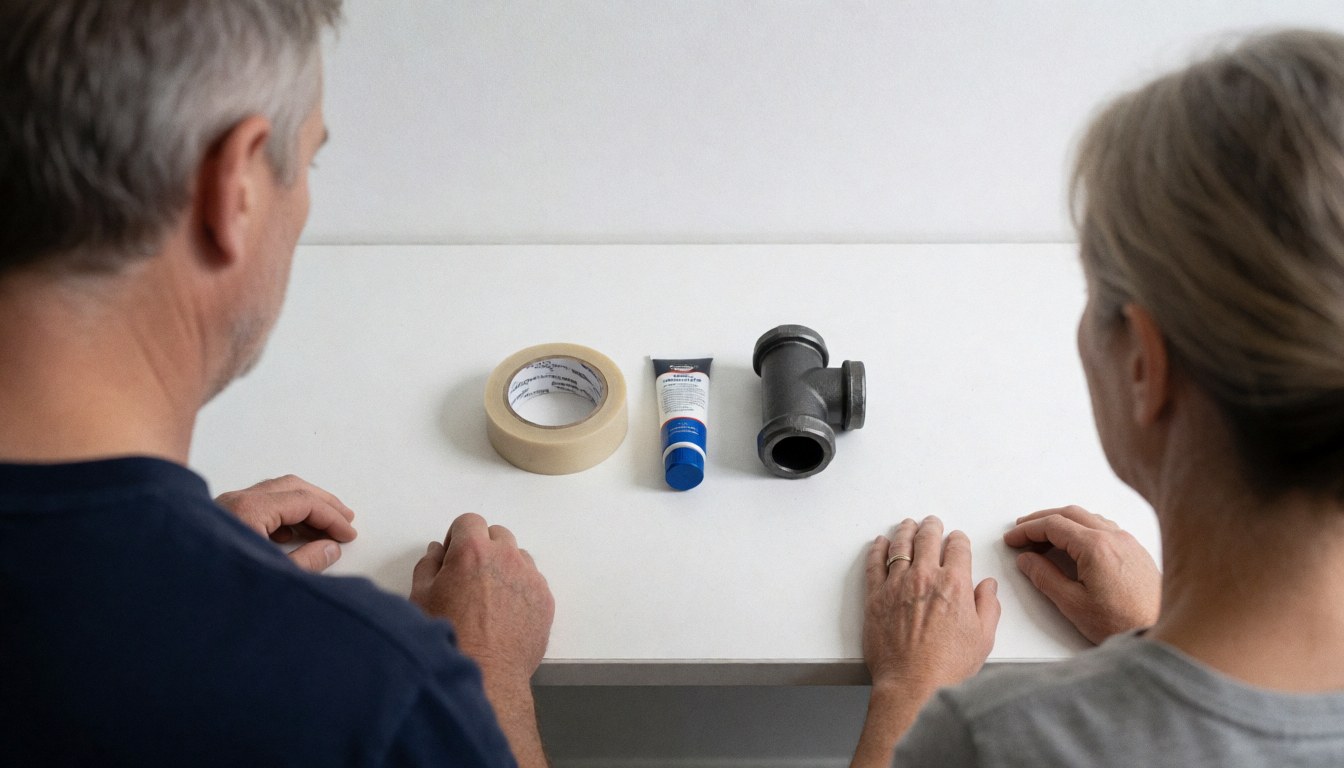 Deux personnes inspectent un tuyau en acier noir, du ruban PTFE et un tube de graisse sur une table blanche propre lors d'une installation de gaz.